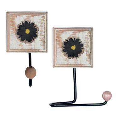 Imagem de Kit Para Banheiro Com 2 Porta Papel Higiênico E 2 Toalheiros Rustico Flor Branca Cor Preto