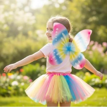 Imagem de Kit Fantasia Fada Fadinha Borboleta Infantil Saia Tutu Asa Colorida