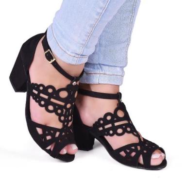Imagem de Sandália Feminina Salto Médio Grosso 7 Cm Sapato - Delicata, Preto, 35