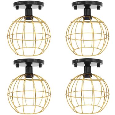 Imagem de 4 Lustres Teto Plafon Industrial Aramado Globo Dourado Retrô Luminária Vintage Preto Agp Ilumini