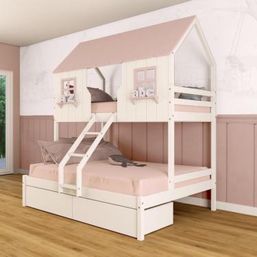 Imagem de Beliche Casal/ Solteiro Casinha Encantada Com 02 Gavetas Madeira Maciça Branco/ Rosa Megamobilia