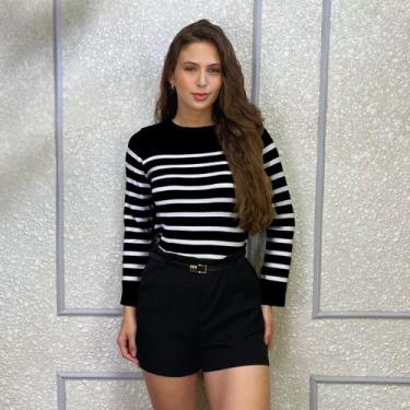 Imagem de Blusa Tricô Modal Feminina Listrado Elegante Tendência Frio - Exposiçã