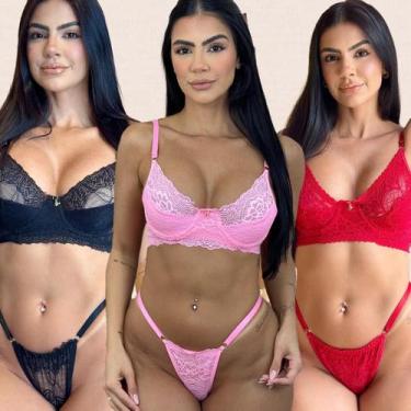 Imagem de Kit 3 Conjuntos Renda Meia Taça Laura Tamanho:GGCor:Preto Vermelho Ros