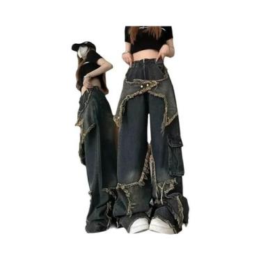 Imagem de Calça Jeans Feminina Oversized De Perna Reta Com Lavagem Vintage, Estr