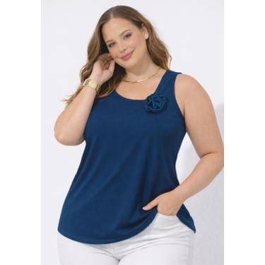 Imagem de Regata Plus Size Canelada com Flor 3D e Gola Assimétrica Cor:AzulTaman