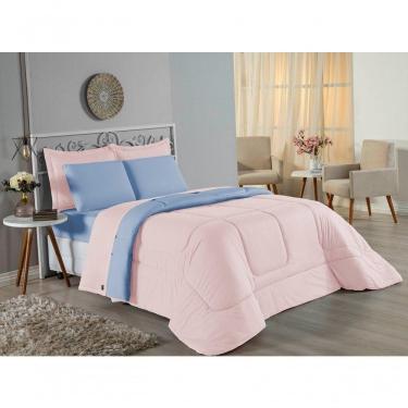 Imagem de Kit Edredom Dupla Face + Jogo De Lençol Casal Nobre 6 Peças Malha 100% Algodão - Rosa / Azul-bebê