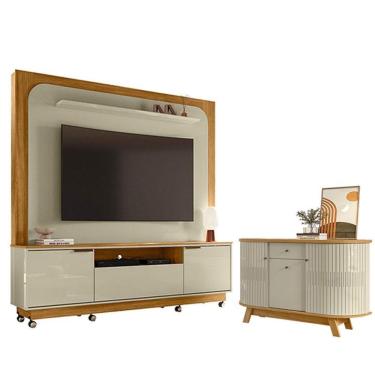 Imagem de Estante Home Theater Nilo Sem Rodízios Com Aparador Para Sala Buffet Monza Cumaru Opala...