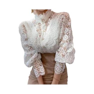 Imagem de Camisa Elegante Feminina De Renda Com Gola Alta E Manga Em Pétala, Blu