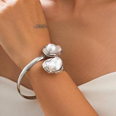 Imagem de Bracelete pérola barroca dupla irregular prata fino abaulado pulseira 