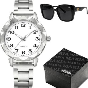 Imagem de Relogio Prata Aço Feminino + Oculos Sol + Caixa silicone preto moda ca