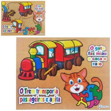 Imagem de jogo de encaixe didatico trem e gato de madeira mdf com 13 pecas 31x24