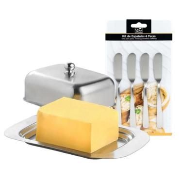 Imagem de Manteigueira Inox Porta Margarina Com Tampa + Kit 4 Espátula - KeHome,