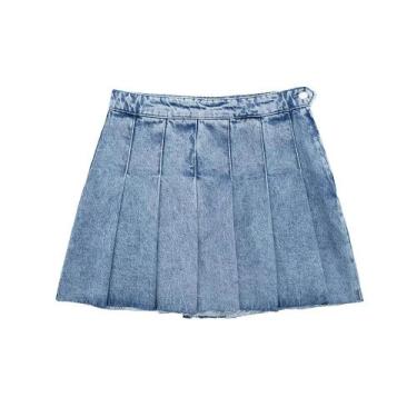 Imagem de Saia Mini De Denim Vintage De Cintura Alta Com Pregas Largas Para Mulh