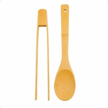 Imagem de Kit Utensílios de Bambu 2 Peças: Colher e Pegador para Salada e Cozinh