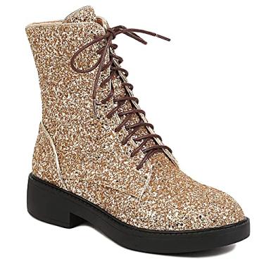Imagem de YIYA Bota feminina de salto baixo grosso com bico redondo e cadarço e glitter, Dourado, 9.5