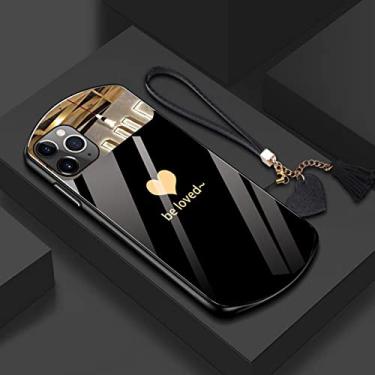 Imagem de Capa de telefone de vidro temperado oval bonito em forma de coração para iphone 13 12 11 pro max xsmax xr x se 8 7 plus capa de cordão espelho, preto1, para iphone 6splus