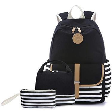 Imagem de Mochila para meninas, mochila escolar com lancheira e estojo para lápis, Black Set, X-Large