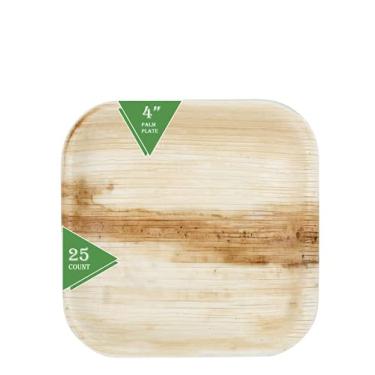 Imagem de Perfectware Pratos de festa de folha de palmeira de 10 cm pratos biodegradáveis de 25 CT. Pratos descartáveis compostáveis ecologicamente corretos. Inclui conjunto de talheres Chevron sortidos de madeira de 36 CT.