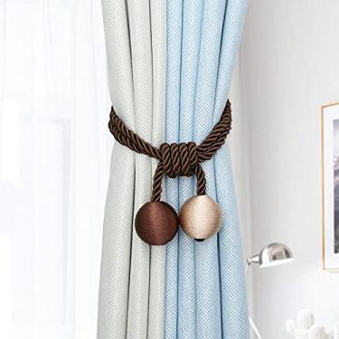 Imagem de Laços de cortina de bola dupla de duas cores simples sem prendedores de cortina de fivela, curry escuro + bege, 4 peças