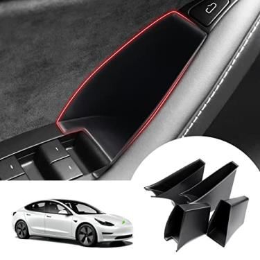 Imagem de Autorder Ajuste personalizado para caixa de armazenamento lateral da porta Tesla Model 3 2017-2022/Modelo Y 2020 2021 2022 Acessórios Apoio de braço Recipiente de telefone Organizador de porta Bandeja de bolso Preta Conjunto de 4