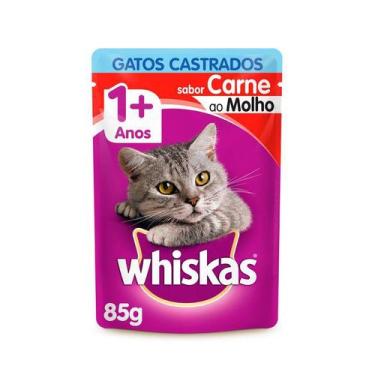Imagem de Ração Úmida Whiskas Para Gatos Castrados Sachê Sabor Carne - 85G