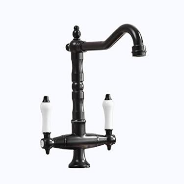 Imagem de LIDON Torneira de banheiro de latão retrô, alça dupla, torneira de pia de banheiro de latão antigo 1 furo, torneira de pia de latão alta do banheiro, torneiras do banheiro preto, antigo (cor: preto)