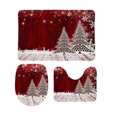 Imagem de Conjunto de 3 peças de tapetes de banheiro My Daily árvore de Natal flocos de neve vintage vermelho antiderrapante tapete contorno + tampa de vaso sanitário + tapete de banheiro