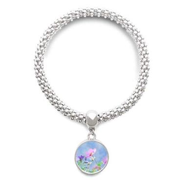 Imagem de DIYthinker Pulseira com pingente de prata com fundo azul roxo e flores rosa pulseira ajustável