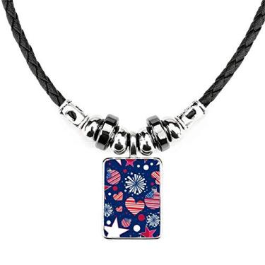 Imagem de DIYthinker Colar com pingente de corda de couro com pingente de coração e estrela da bandeira dos EUA