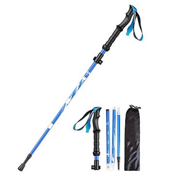 Imagem de N/P Bengala de caminhada – Ultraleve dobrável, telescópica, montanhismo, caminhadas, escalada ao ar livre, multifuncional, alça de pulso acolchoada e ponta de aço tungstênio/azul
