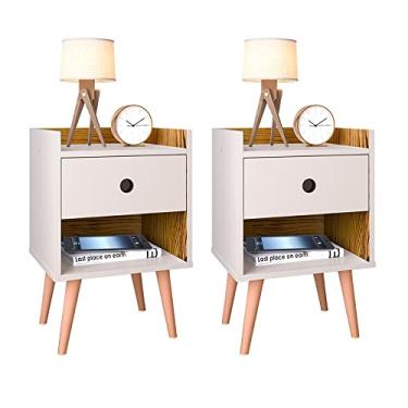Imagem de Kit 2 Mesa de Cabeceira Compacta Retrô Mesinha Canto Cama Decore Quarto Com Gaveta/Nicho- Off White/Nature