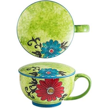 Imagem de Tigela De Macarrão Instantâneo De Arroz Para Sopa De Ramen Tigela De Macarrão De Cerâmica Enorme Com Tampa, Tigela De Macarrão Instantâneo Para Micro-ondas Grande Caneca De Café Com Alça,Verde,730