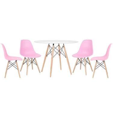 Imagem de Mesa Redonda Eames 100cm Branco + 4 Cadeiras Rosa Claro