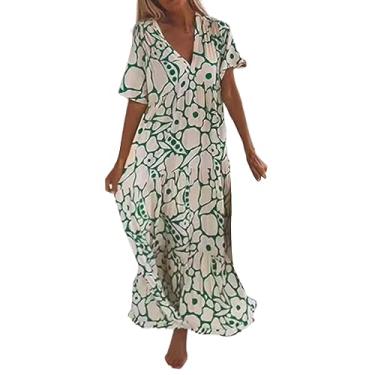Imagem de Vestido feminino casual de manga curta estampado decote em V maxi solto boho praia vestido longo vestido feminino plus casual, Verde, M
