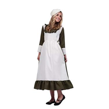 Imagem de RG Costumes Vestido feminino camponesa Emeline adulto oliva/marfim com gorro, Verde-oliva/marfim, Plus 16-20