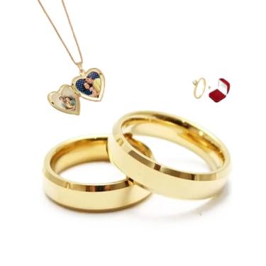Imagem de Par de Alianças Italianas 4mm Anatomicas Chanfradas com Anel Solitário com Pedra de Zirconia e Colar Relicário Porta Fotos Banhados a Ouro Com Caixa de Veludo Casamento Noivado Namoro