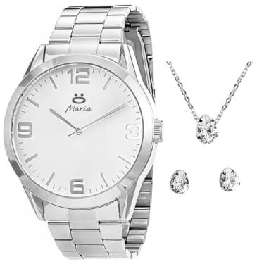 Imagem de Relogio feminino aço inox prata + colar + brincos + caixa qualidade premium moda presente
