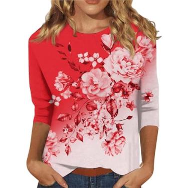 Imagem de Camisetas femininas de manga 3/4 com estampa floral 2024 camiseta casual macia túnica moderna blusa básica leve, Vermelho, XG