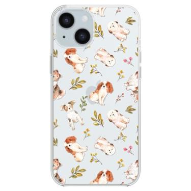 Imagem de Blingy's Capa para iPhone 15, linda primavera estilo cão com padrão de folhas desenho floral desenho animal transparente TPU macio capa protetora transparente 15.5 cm (cães brancos com folhas)