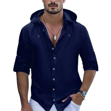 Imagem de OYOZONE Camisas masculinas de linho casuais com botões de manga comprida e manga enrolada, camisetas de praia de verão com capuz, Azul marinho, XXG