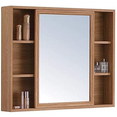 Imagem de Armário de espelho de banheiro Armário de remédios de cozinha montado na parede com espelho deslizante (Cor: Cor de madeira, Tamanho: 70 * 70 * 12 cm) (cor de madeira 80 * 70 * 12 cm)
