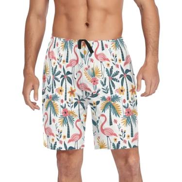 Imagem de CHIFIGNO Calça de pijama masculina para dormir, short de pijama elástico com bolsos e cordão, Árvores tropicais flamingos rosa - 1, M