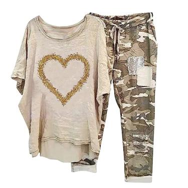 Imagem de Conjunto de 2 peças de linho para mulheres, férias de verão, estampa de coração, camiseta de manga curta, caimento solto, calças camufladas para sair, I, X-Large