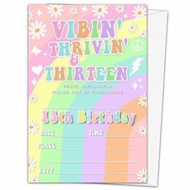 Imagem de Convite de aniversário de treze anos 20 Daisy Groovy Convite de aniversário de 13 anos convite de festa arco-íris suprimentos com decorações de envelopes (10 × 15 cm) - B24