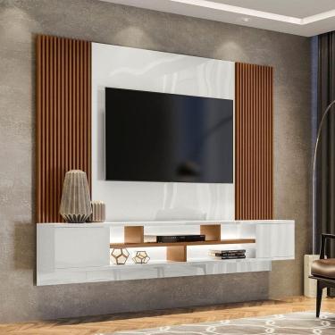 Imagem de Rack Suspenso Lorena 2 Portas E Painel Lara C03 220 Cm- Doce Sonho Móveis Cor Laca Off White/caramelo