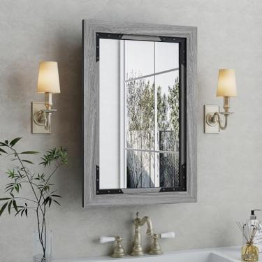 Imagem de FLYJOE Espelho de armário de remédios 40,6 x 61 cm para casa de banho, porta de casa de banho, armário de armazenamento de madeira maciça com prateleiras ajustáveis, montado na parede para banheiro