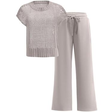 Imagem de ANRABESS Conjunto feminino de duas peças, blusa de crochê transparente, calça de perna larga, conjunto combinando, roupa de viagem, Cáqui claro, Small