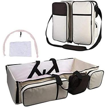 Imagem de Bolsas para troca de fraldas de bebê 3 em 1, cama de fraldas dobrável multifuncional, bolsa portátil para fraldas para berço de viagem com rede mosquiteira para 0 a 12 meses, branca