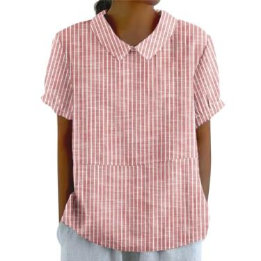 Imagem de Camisetas femininas com gola de linho para verão, casual, retrô, listradas, estampadas 2024, blusas estilosas para sair, túnicas, Vermelho, GG