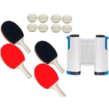 Imagem de Raquete De Ping Pong Kit Completo 2 Pares De Raquetes Com Rede Retrátil 8 Bolas - Tênis De Mesa Raquetes Emborrachadas